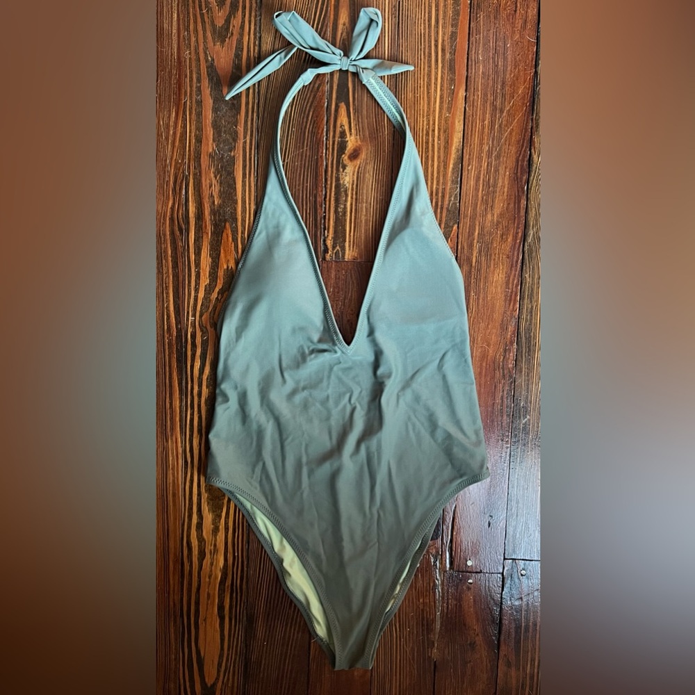 Aerie Olive Green Plunging Halter One Piece Swimsuit (Medium)